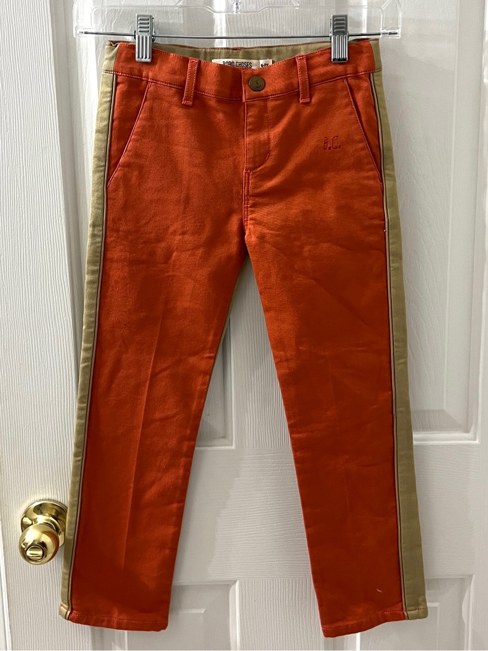 Bobo Choses Boys Orange Beige Organic Cotton Adj Waist Chino Pants Sz 6-7